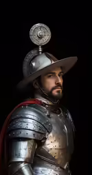 a man in armor is wearing a helmet and holding something up