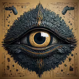 an eye is seen through a painting made from broken pieces of material