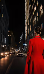 woman in red coat walking in a downtown street at night