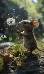 a little mouse that is holding on to a flower