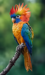 an orange and blue parrot is perched on a branch