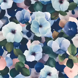 a blue background with white and red flowers