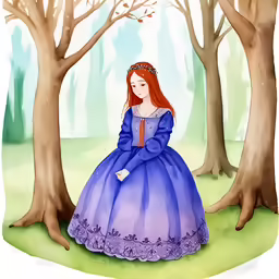 a young girl in a princess blue gown and a tiara sitting in the woods