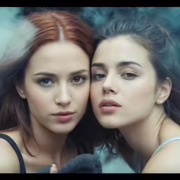 two beautiful women with long hair standing next to each other