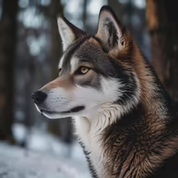 an adult wolf is standing in the snow