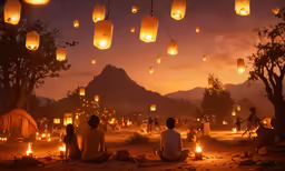 people sit in a field and look at the sky with lanterns floating above