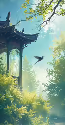birds flying around an oriental pavilion on a sunny day