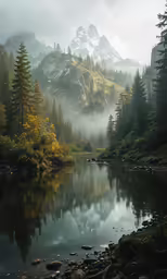 foggy mountains and evergreen trees line the river