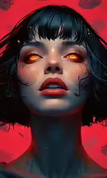 a woman with yellow eyes is featured in this digital painting