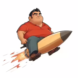 a guy in a red shirt riding on a rocket with his back legs up