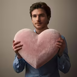 a man in a blue shirt holding a giant heart cushion