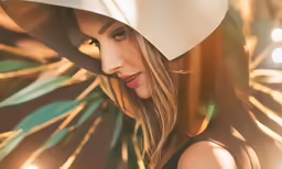 a girl with long hair and white hat