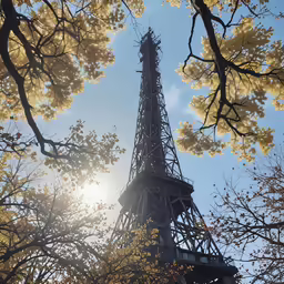 the sun is shining brightly in front of a tower