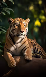 a large tiger lying on top of a tree branch