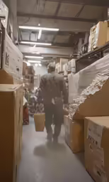the man is walking through the room with several boxes