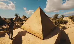 a man walking on a desert near a large pyramid