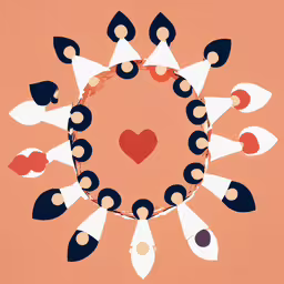 a circle with black and red people on it,abstract painting of people with a heart surrounded by silhouettes of hearts on a peach background