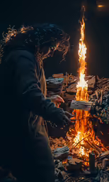 a woman standing over a fire in a room