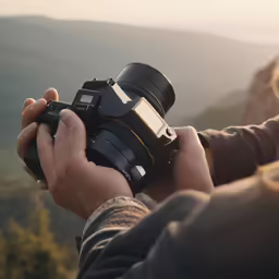 the photographer holds up a camera in front of some mountains