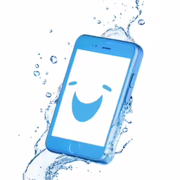 an iphone floating on top of water with a smile face on the screen