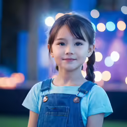 a little girl smiling at the camera with some lights in the background