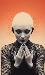 an alien woman standing with her hands together praying