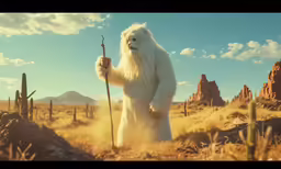 a giant white bear standing in a desert