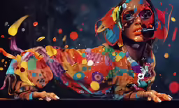 a woman smoking a pipe in front of some colorful dots
