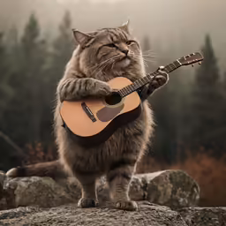 a cat with a guitar stands on rocks