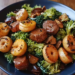 a plate topped with broccoli covered in mushrooms