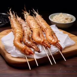 several sticked shrimps are sitting on a wooden board