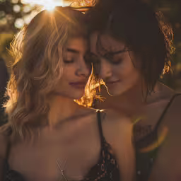 two women are embracing each other with sunshine shining in the background,two women with dark hair are touching one another