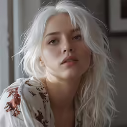 blonde haired woman with light makeup, wearing floral top