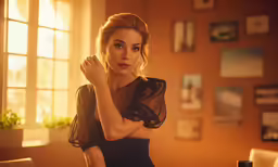 a woman in black dress posing with arms together
