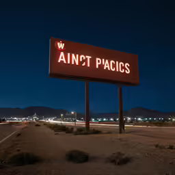 a large red sign sitting next to a desert at night