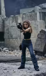 a woman with her arms spread out and a glove up in the air