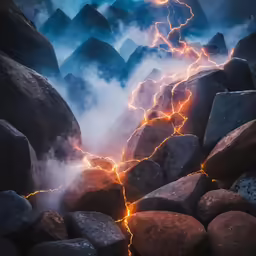 a lightning strikes as it breaks the rocks