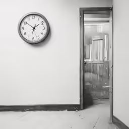 a clock on a white wall is posted next to a doorway