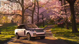 a land rover driving down a tree lined road,a range rover on a street surrounded by flowers and trees