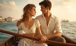 a beautiful woman sitting next to a man in a boat