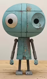 the robot is standing on the table with its eyes open