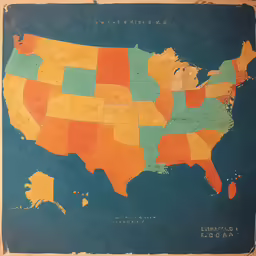 an old usa map with many colorful states