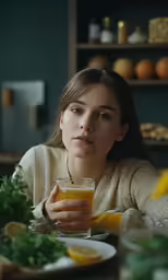 a woman holds a glass in front of her