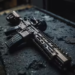 two guns on the ground and a rifle in its foreground