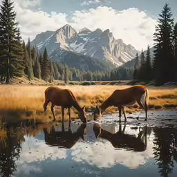 two horses drinking water next to a field and mountains