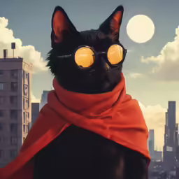 black cat in sunglasses on the roof of a building