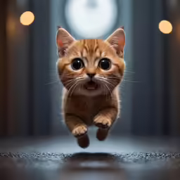 a small cat with a big eyes jumping into the air
