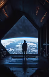 a man standing in an area with the earth seen from space