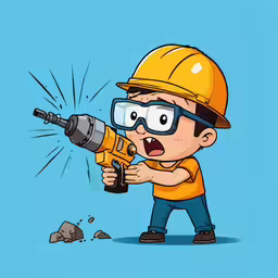 the boy with glasses is holding a drill