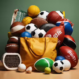 the assortment of ball toys is piled in a grocery bag,a bag filled with assorted soccer balls
